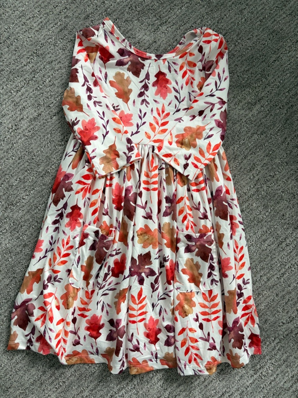 Girls' White Long-Sleeve Leaf Print Dress in Red, Orange & Brown. Never worn.
